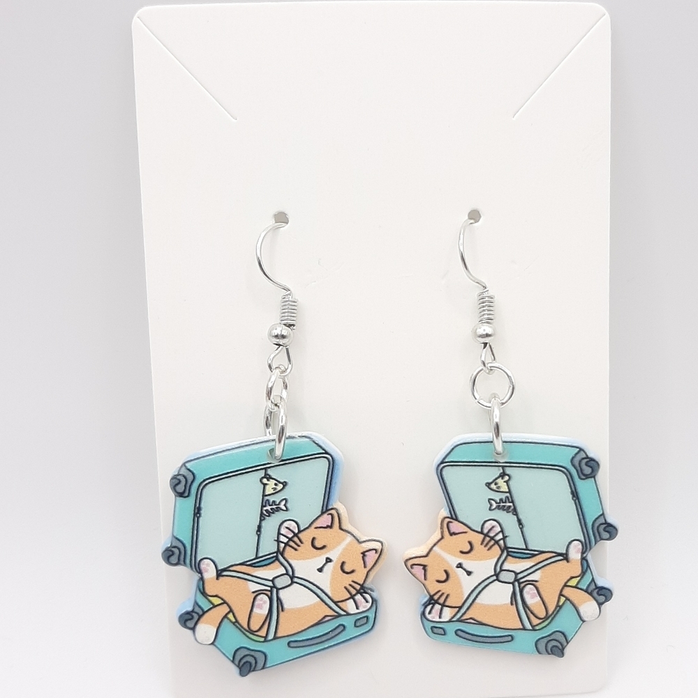 Travel Kitty Suitcase Vacation Hook Dangle Earrings New